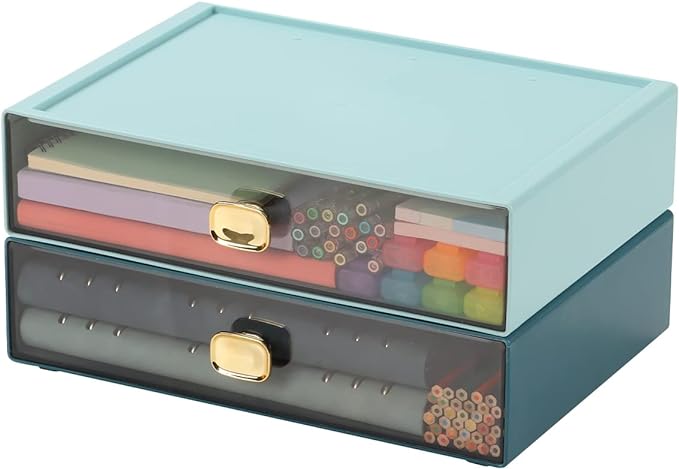 OSteed Spacious Desktop Storage Box, 2 Large Storage Drawers, Stackable Office Desk Drawer Organizer and Accessories, Printer Paper Organizer, Blue & Cyan Plastic Drawers for Workspace & Home