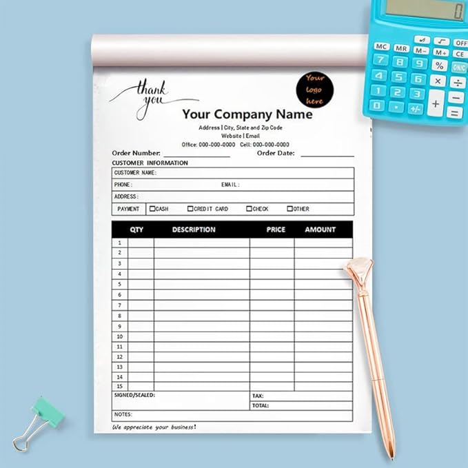 Custom Carbonless Sales Invoice Form Books for Small Business, Personalized NCR 2-Part Receipt Book with Carbon Copies, Cover Add Company Name, Address and Number Printed