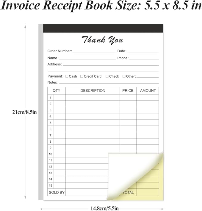 (2-Pack) Thank You Receipt Book - 5.5" x 8.5" Cardboard 2-Part Carbonless Sales Invoice Book, 100 Sheets Invoice Pad with Cardboard for Small Business