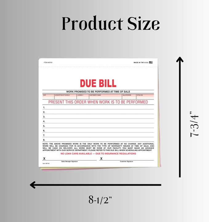 Vehicle Due Bill Form - 3-Part Carbonless Snap-Out 8.5 x 7.75 Car Dealership Service Agreement Forms, Auto Repair Vehicle Documentation Forms NCR - White, Canary, Pink - Pack of 400