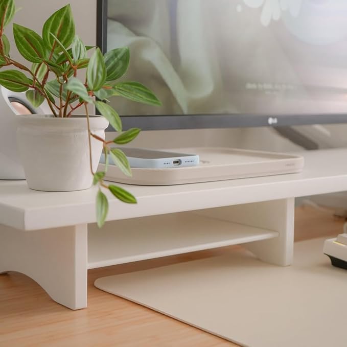 ROCDEER Bamboo Dual Monitor Stand Riser White, 2-Tier Desk Monitor Riser for 2 Monitors, Supports for PC Computer Monitor, Printer, Heavy TV Riser up to 300 lbs, White