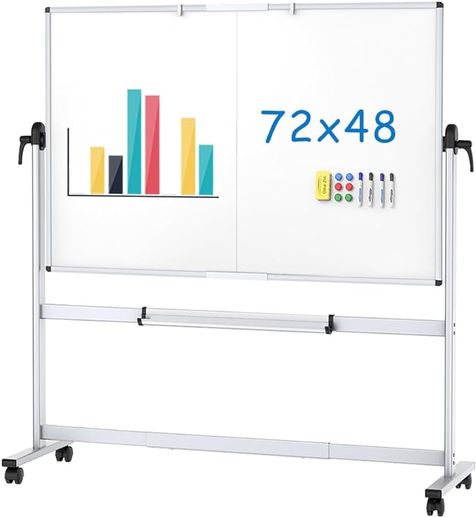 VIZ-PRO Double-Sided Mobile Whiteboard, 72 x 48 Inches, Magnetic Rolling Dry Erase White Board on Wheels with Aluminium Frame and Stand 6' x 4'