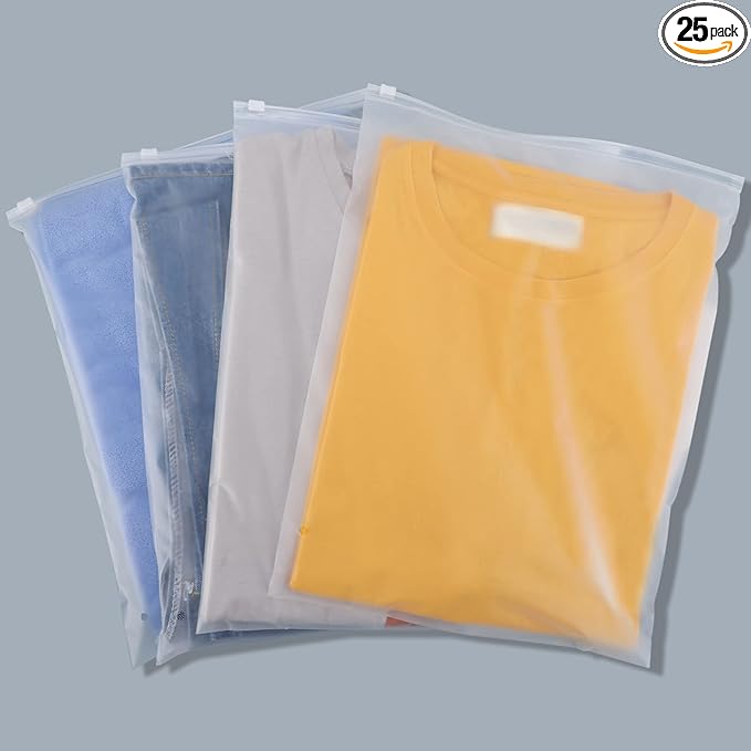 Svaldo Clothes Packaging Bags for Shipping, 25 Count 12x14 inch Frosted Zipper Plastic Bags for Clothing, Thick Plastic Apparel Bag for Packaging T-Shirt, Shirt, 3 Mil, with Vent Holes Storage Bag