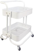 Ufriandz 2 Tier Cart with Wheels Under Desk Storage with Handle, Metal Rolling Pantry Cart for Kitchen White Small Rolling Basket for Laundry Room Bathroom, Utility Shelf Organizer for Small Space