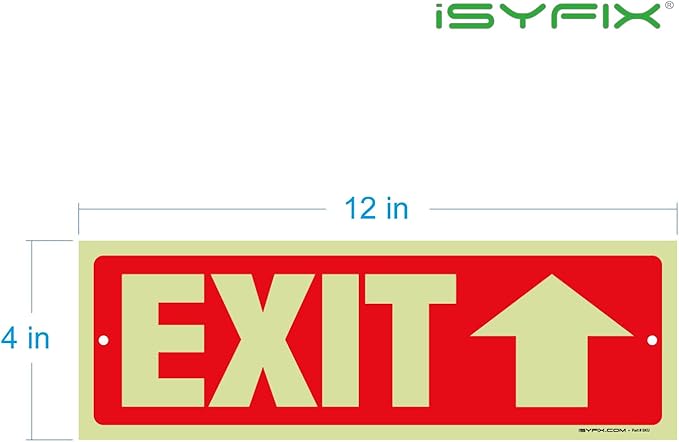 iSYFIX Exit Signs with Directional Up Arrow - 6 Pack 12x4 Inch Glow in the Dark for Business, School, Office, Warehouse - Durable 40 Mil Polystyrene, UV Laminated, Waterproof, Scratch & Fade Resistant