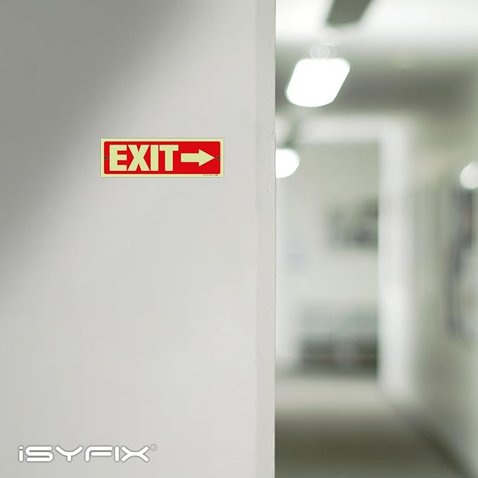 iSYFIX Exit Signs with Directional Right Arrow - 2 Pack 12x4 Inch Glow in the Dark for Business, School, Office, Warehouse - Durable 40 Mil Polystyrene, UV Laminated, Waterproof, Scratch & Fade Resistant