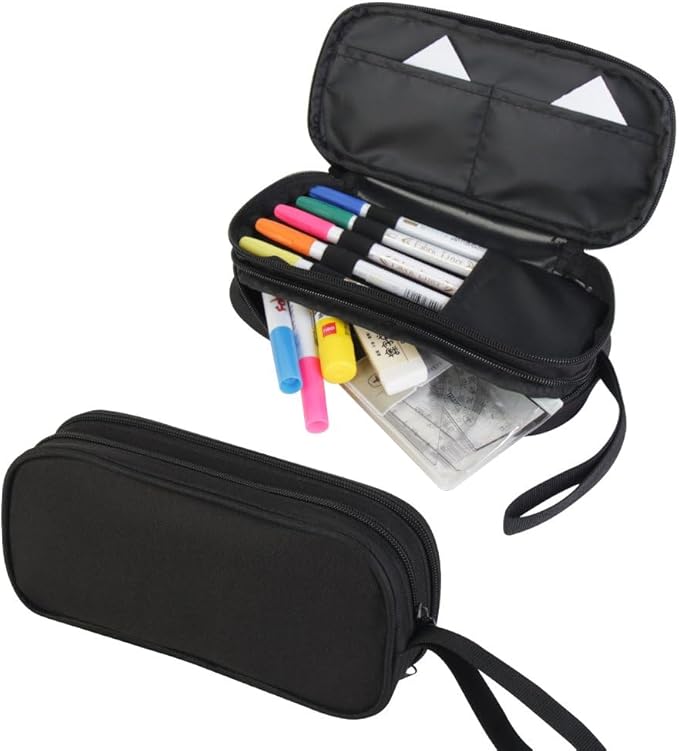HiMagics Children's Pencil Case, Large Zipper Pencil Pouch for Boys with Two Compartments Boys Pen Pouch for School Dinosaur Pencil Bag, Black
