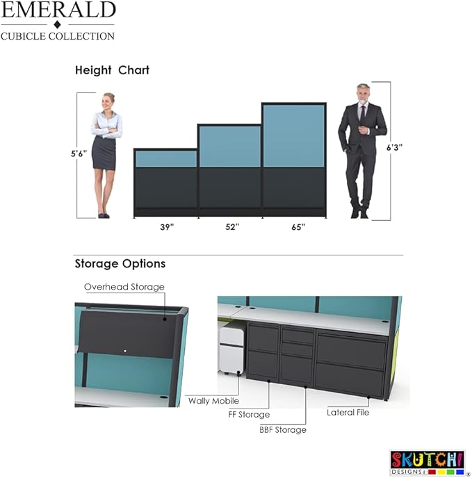 2 Person Workstation Wall Partition | Powered Cubicle Workstations | Privacy Office Divider 2 Work Stations | U Shape Cubicle | Emerald Collection | 5x5x65 H | Slate