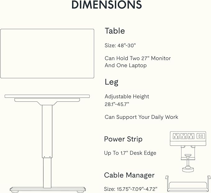 FLEXISPOT EN2 Whole-Piece Standing Desk with Clamp Power Strip, 48 x 30 Electric Stand Up Height Adjustable Desk with Cable Management (Black Frame + 48" Gray Wood Grain Desktop, 2 Packages)