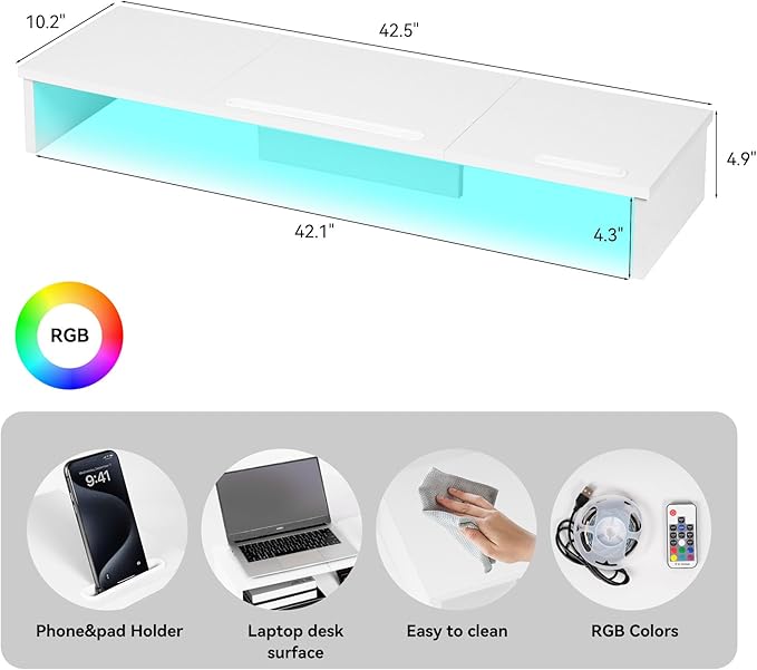 Qupui TV Riser Stand with LED Lights, 42.5in Super Large Monitor Stand with Phone Tablet Holder, Tabletop TV Stand Riser for Desk, Desktop Organizer for Computer, TV, Laptop, Printer
