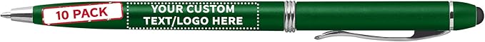 DISCOUNT PROMOS Custom Twist Action Plastic Stylus Pens, Set of 10, Personalized Bulk Pack - Pens for Work, Cool Pens for Writing, Black Ink - Green