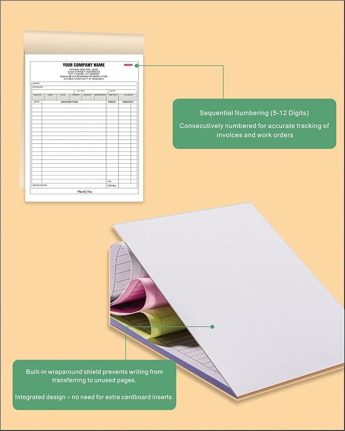 Custom Carbonless Invoice Book with Logo, Personalized Cover & Inner Pages, 2 Part NCR Receipt & Work Order Forms, Easy Tear, Writing Shield for Small Business (2-part [White/Yellow], 10.24*7.48INCH)