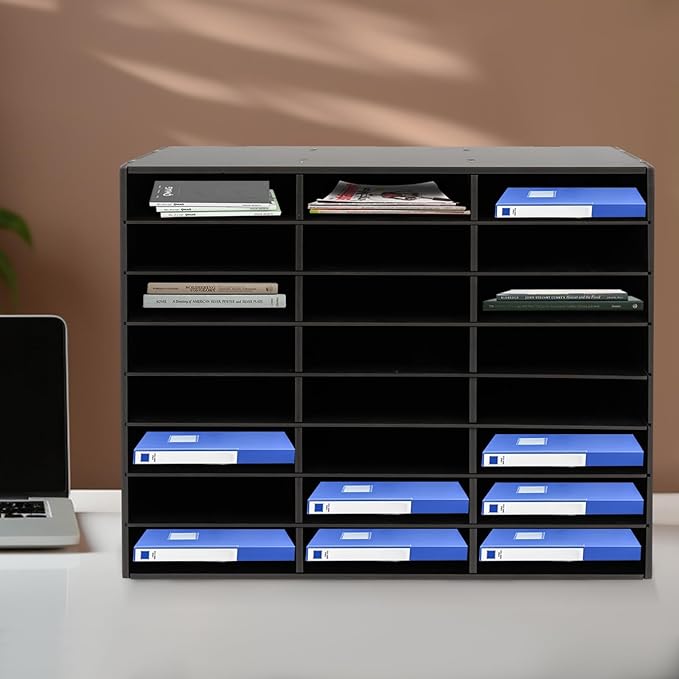 Literature Organizer with 24 Compartments | Adjustable Desktop File Sorter Mail Center for Home, Office & Classroom | PVC Paper Storage Cabinet with Shelves (Black, 24 Compartments)