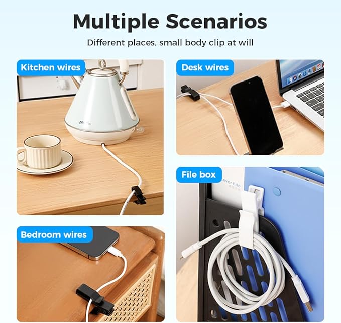 Movable Cord Holder for Nightstand, 2026 New Upgrade Cord Organizer Holder, Cable Organizers USB Cable Holder Wire Organizer Cord Clips, Cable Hider for Home, Office,Cubicle Accessories (6, White)
