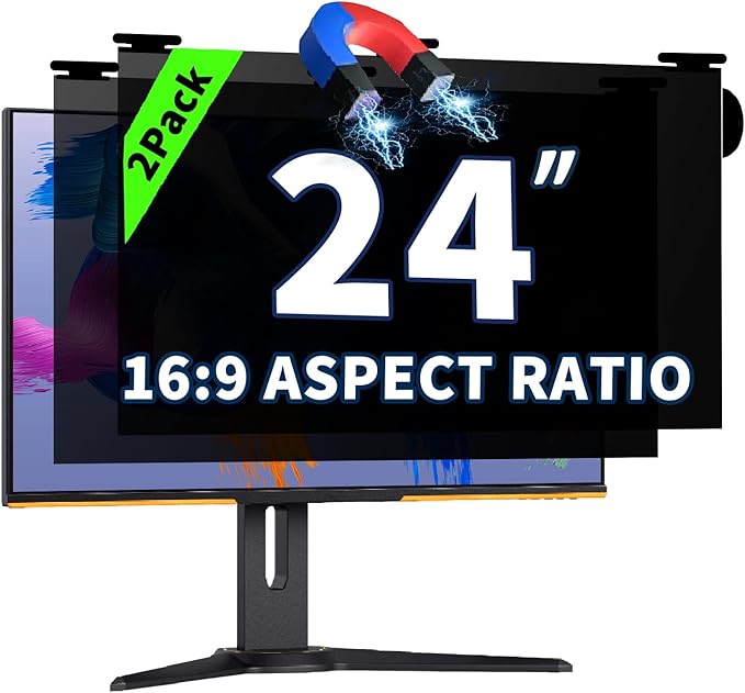 2 Pack Magnetic Hanging Computer Privacy Screen 24 Inch for 16:9 Widescreen Monitor, Removable Privacy Screen Anti Glare Blue Light Computer Screen Privacy Shield, Anti-Scratch 24in Protector Film