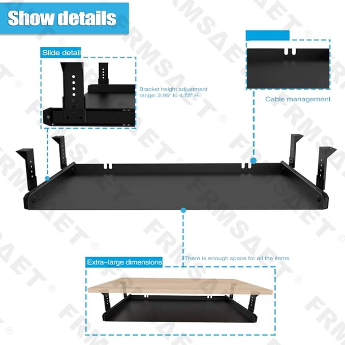 FRMSAET Under Desk Keyboard Tray Heavy-Duty All-Metal Material 20/24/30 inches Platform Computer Drawer Organizer Home Office Kitchen Bedroom Garage Storage Tool - Easy to Install.(30 inches, Black)