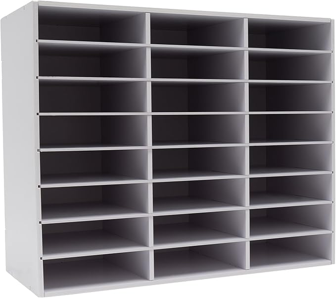 Literature Organizer with 24 Compartments | Adjustable Desktop File Sorter Mail Center for Home, Office & Classroom | PVC Paper Storage Cabinet with Shelves (White, 24 Compartments)