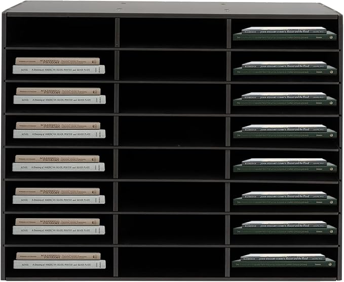 Literature Organizer with 24 Compartments | Adjustable Desktop File Sorter Mail Center for Home, Office & Classroom | PVC Paper Storage Cabinet with Shelves (Black, 24 Compartments)