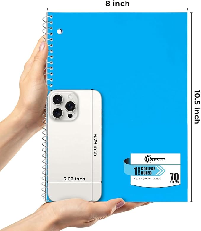 Rosmonde 1 Subject Notebook College Ruled, 6 Pack, 70 Sheets (140 Pages), 8 x 10-1/2", 3 Hole Punched Notebooks, Thick No-Bleed Paper, Sturdy Back, College Ruled Notebook for School, Assorted Colors