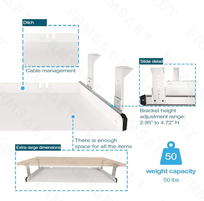 FRMSAET Under Desk Keyboard Tray Heavy-Duty All-Metal Material 20/24/30 inches Platform Computer Drawer Organizer Home Office Kitchen Bedroom Garage Storage Tool - Easy to Install.(30 inches, White)