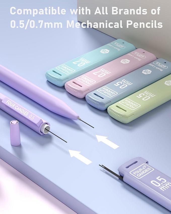 Four Candies 0.5/0.7mm 2B Lead Refills in Case, Pack of 720 PCS Black Break Resistant Mechanical Pencil Refills, 12 Tubes (6 of Each Size), 60 Pieces per Tube