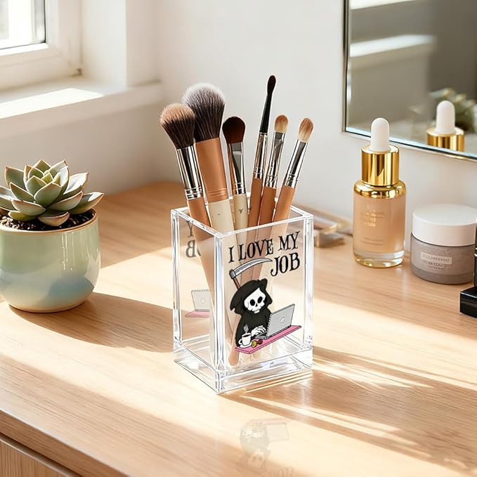 QYUVK I Love My Job Acrylic Makeup Brush Pencil Holder Cup, Funny Grim Reaper Pen Holder For Friends HR Nurse, Office Sarcastic Gifts for Women Coworker Employees, Gag Gifts for Office Desk