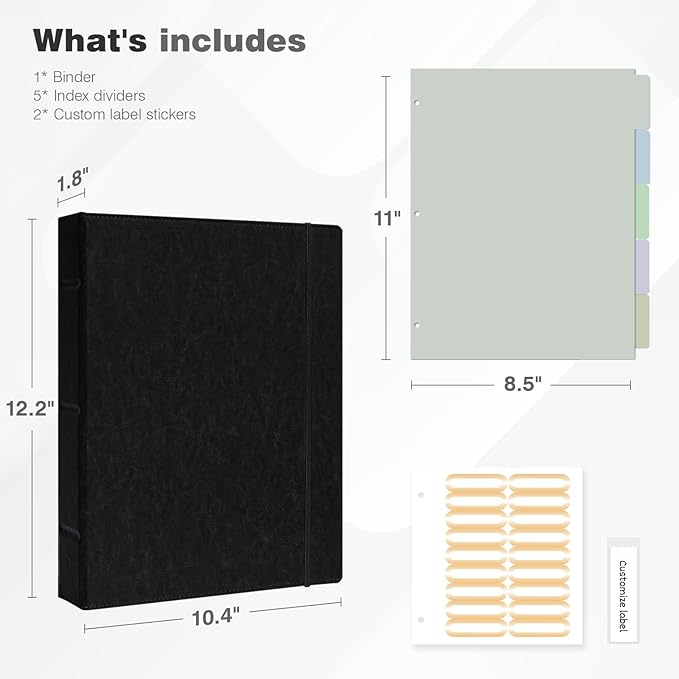 Ospelelf Vintage Hardcover 3 Ring 1 inch Leather Binder, Professional Binders Organizer Suitable for Letter Size Documents, Binder Dividers with Tabs, Faux Black Leather