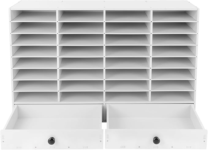 Fifizoo Literature Organizer with 32 Compartments | Adjustable Desktop File Sorter Mail Center for Home, Office & Classroom | PVC Paper Storage Cabinet with 2 Drawers and Shelves, White