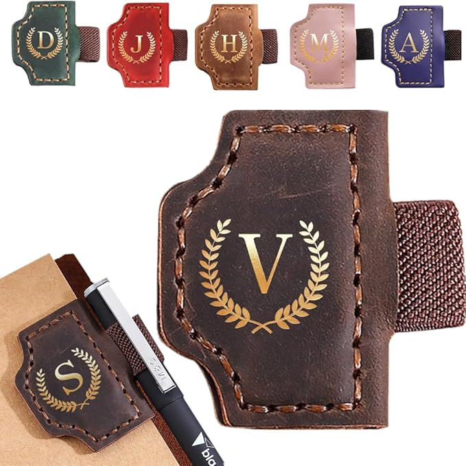 Personalized Mark Bookmark with Pen Holder, Leather Magnetic Book Marker 26 Letters,Custom Initials Page Marks, Gifts for Book Lovers Readers Men Women (Coffee, V)