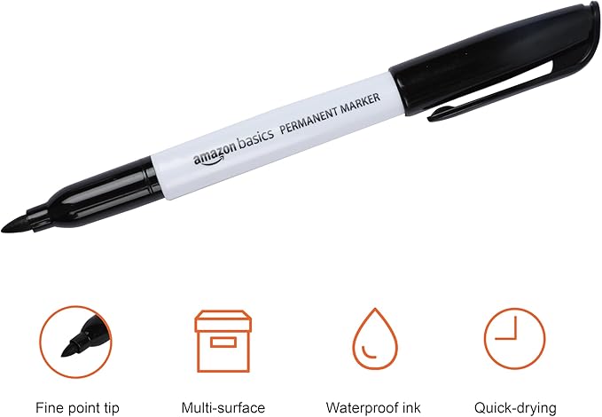 Amazon Basics Fine Tip Point Permanent Markers for Office, School, and Home Use, Black, 12 Pack