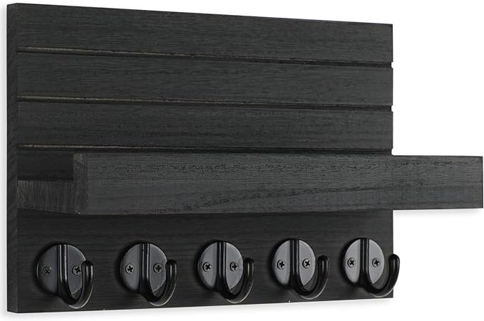 Lwenki Key Holder for Wall, Decorative Key and Mail Holder with Shelf Has Large Hooks for Bags, Coats, Umbrella – Paulownia Wood Key Hanger with Mounting Hardware (9.8”W x 6.7”H x 4.2”D)