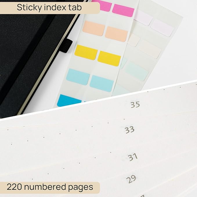 POPRUN Spiral Bullet Dotted Journal Notebook, 7-1/4" x 9-1/2" - 120 GSM Thick Paper, 220 Numbered Pages, Hardcover for Men & Women with Pocket, Index Tabs, 8 Perforated Sheets, Light Yellow