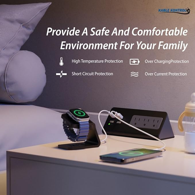 Kable Kontrol Desk Clamp Power Strip with USB-C Port, Nightstand Charging Station, 3 AC Outlets, 3 USB-A Ports, Fast Charger, Easy Installation for Home, Offices, Hotels – 4.9 Ft, White, 1 Pc