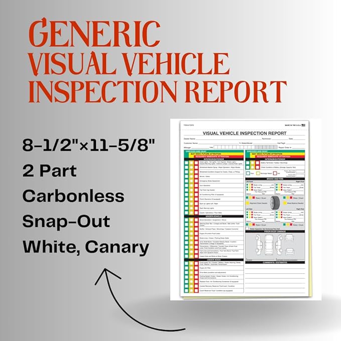 Visual Vehicle Inspection Report – 2-Part Carbonless Vehicle Checklist, Snap-Out Auto Service Forms, Fleet Maintenance Logs, Car Checkup Sheets - White & Canary 8.5"×11" - Pack of 500
