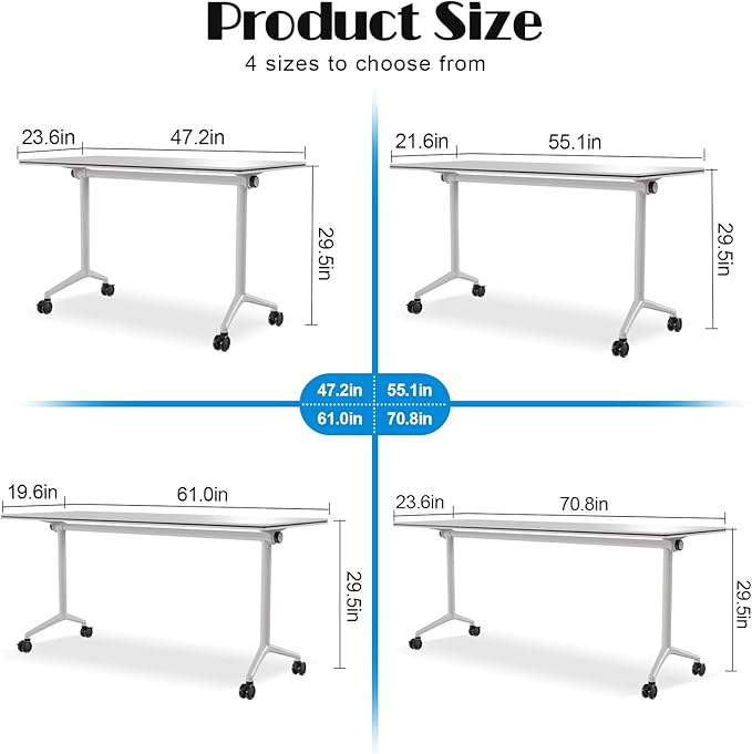Conference Table Flip Top Mobile Conference Room Tables,Folding Conference Table with Wheels,Large Meeting Training Seminar Table Saving Space for Office Classroom (10, White, 47.2'')