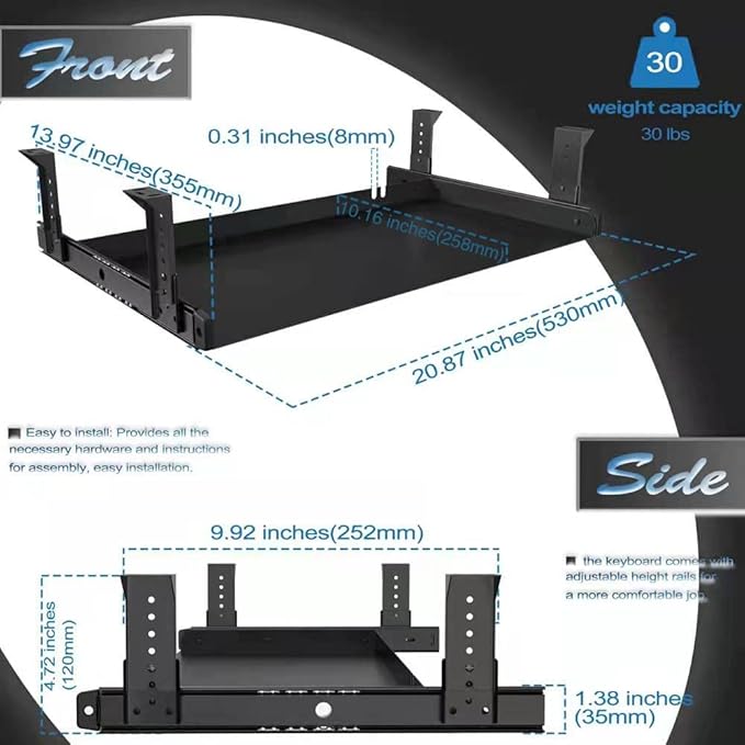 FRMSAET Under Desk Keyboard Tray Heavy-Duty All-Metal Material 20/24/30 inches Platform Computer Drawer Organizer Home Office Kitchen Bedroom Garage Storage Tool - Easy to Install.(20 inches, Black)
