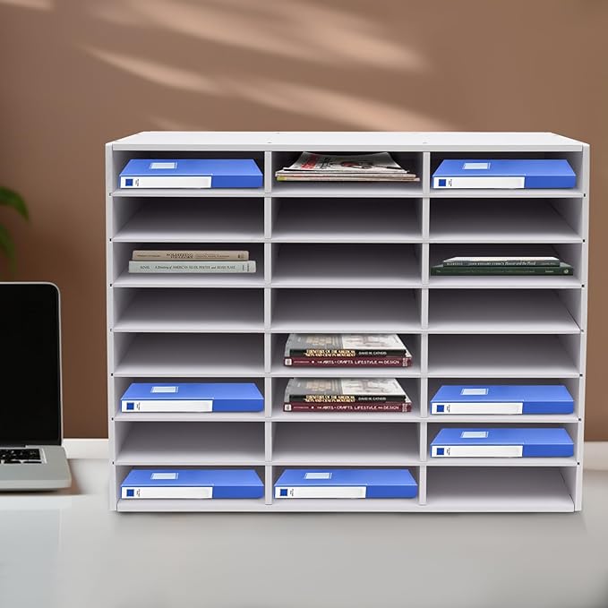 Literature Organizer with 24 Compartments | Adjustable Desktop File Sorter Mail Center for Home, Office & Classroom | PVC Paper Storage Cabinet with Shelves (White, 24 Compartments)