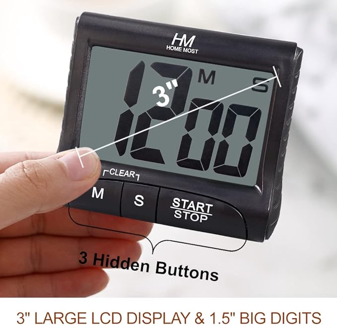HOME MOST 2-Pack Large Display Kitchen Timer - 3" Digital Timer Magnetic Back Loud Alarm - Black Cooking Timers for Kitchen Teachers Students Games Meetings - Sports Timers for Workouts Exercise