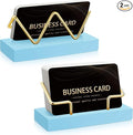 Amyhill 2 Pieces Wood Business Card Holder for Desk Wooden Business Card Display Stand Postcard Holder for Office Home Desktop (Blue Color, Gold)