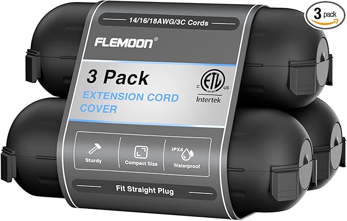 Flemoon [3 Pack] Outdoor Extension Cord Safety Cover with Waterproof Seal, Weatherproof Electrical Connection Box to Protect Outdoor Outlet, Plug, Socket, Christmas Holiday Decoration Light, Black