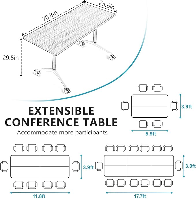 Goakwwuz Conference Room Table, Folding Conference Tables,Thicken Grey Tabletop,Flip Top Wooden Seminar Meeting Room Table for Conference Room Offices (10, Black+White, 70.8”)