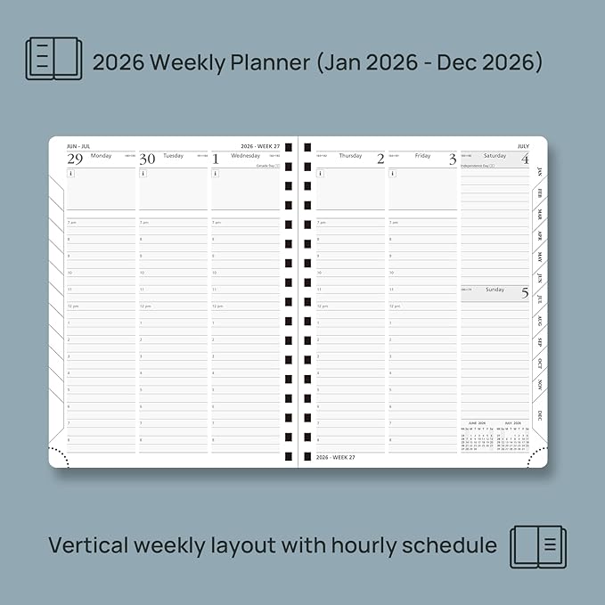 POPRUN 2026 Planner (Medium - 6.5'' x 8.5'') with Hourly Schedule, Vertical Layout - 2026 Weekly Calendar (Jan. 2026 - Dec.2026) for Time Management, Monthly Tabs, Spiral Bound, Soft Cover - Green