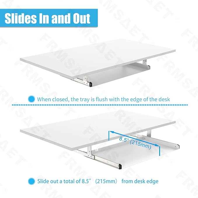 FRMSAET Under Desk Keyboard Tray Heavy-Duty All-Metal Material 20/24/30 inches Platform Computer Drawer Organizer Home Office Kitchen Bedroom Garage Storage Tool - Easy to Install.(24 inches, White)