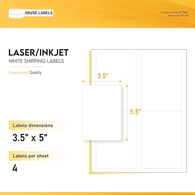 HOUSELABELS 4-up Shipping Labels (3-1/2" x 5") for Laser and Inkjet Printers, 25 Sheets