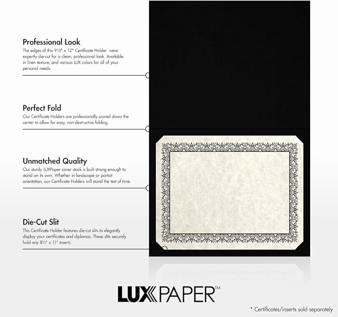 LUXPaper 9.5" x 12" Certificate Holders | Black Linen | Embossed Gold Foil Floral Border | 100lb. Cover | 250 Qty