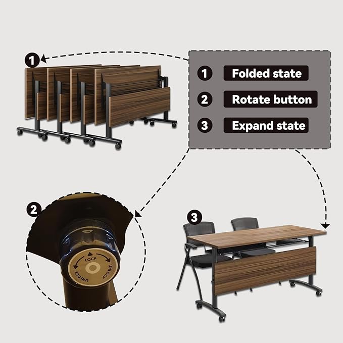 Folding Conference Table,61in Rectangle Conference Room Tables,Large Rolling Meeting Seminar Tables for 2-8 People,Mobile Training Table with Caster,Collapsible Conference Training Tables for Office