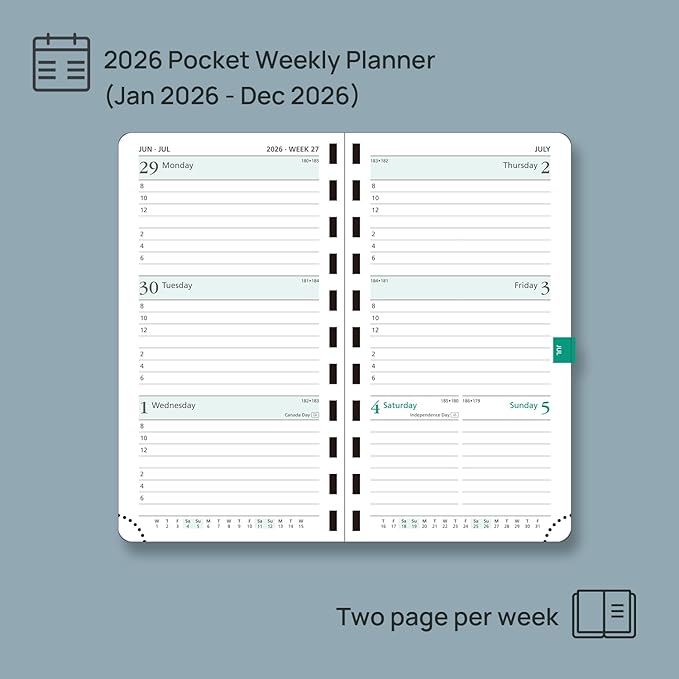 POPRUN 2026 Pocket Planner (Slim Size 3.5" x 6.5") Weekly and Monthly Calendar for Purse, with Hourly Time Slots, 100GSM Thick Paper, Spiral Soft Cover, Pen Holder - Purple