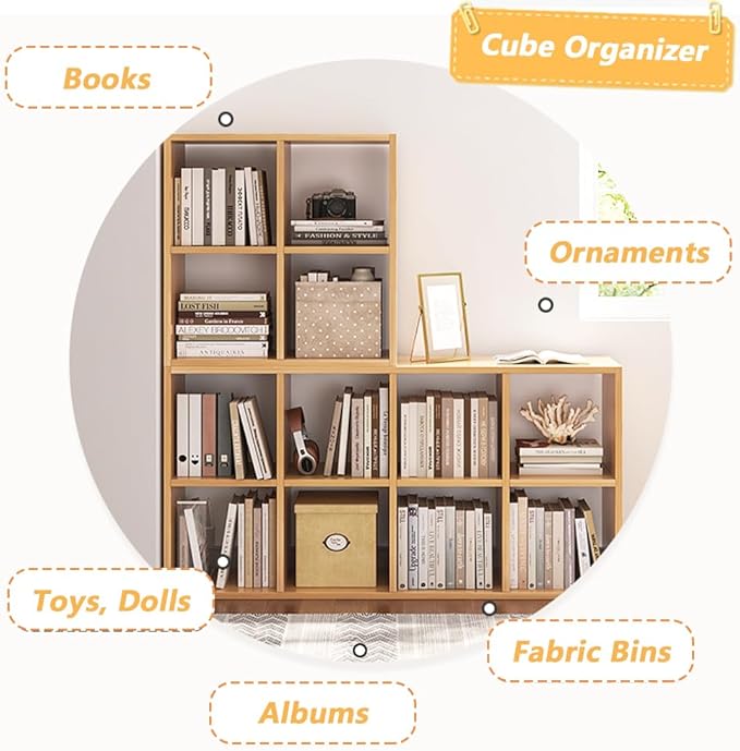 NELYE 4 Cube Organizer Bookcase - Fabric Storage Bins Container, Open Shelf Simple Compartments Bookshelf, Oak