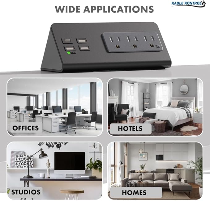 Kable Kontrol Desk Clamp Power Strip with USB-C Port, Nightstand Charging Station, 3 AC Outlets, 3 USB-A Ports, Fast Charger, Easy Installation for Home, Offices, Hotels – 4.9 Ft, Black, 400 Pcs