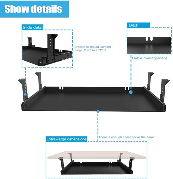 FRMSAET Under Desk Keyboard Tray Heavy-Duty All-Metal Material 20/24/30 inches Platform Computer Drawer Organizer Home Office Kitchen Bedroom Garage Storage Tool - Easy to Install.(20 inches, Black)